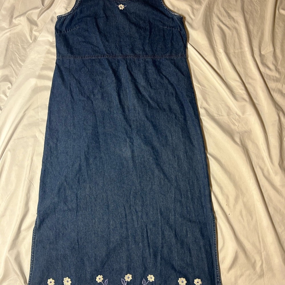 Vintage Erika Collection Blue Denim Cotton Jumper Dress Floral Accent Medium - Picture 4 of 14